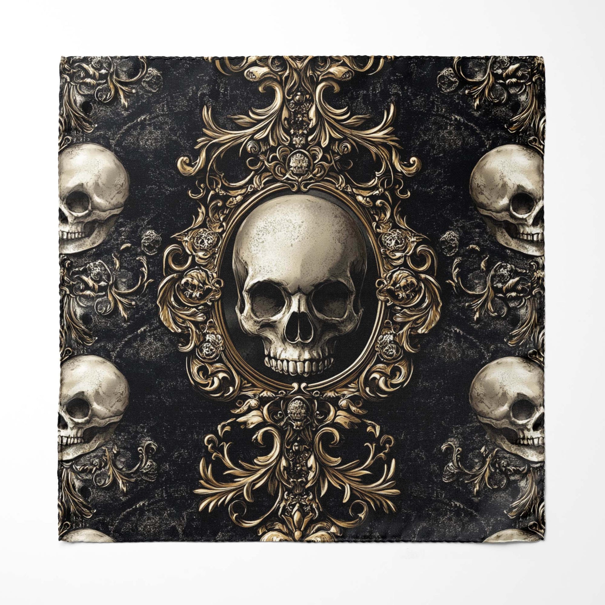 Genuine Silk Black with Skull and Gold Filigree Pocket Square