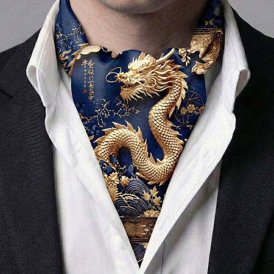 Ascot-Krawatte aus echter Seide, blau mit goldenen Drachen