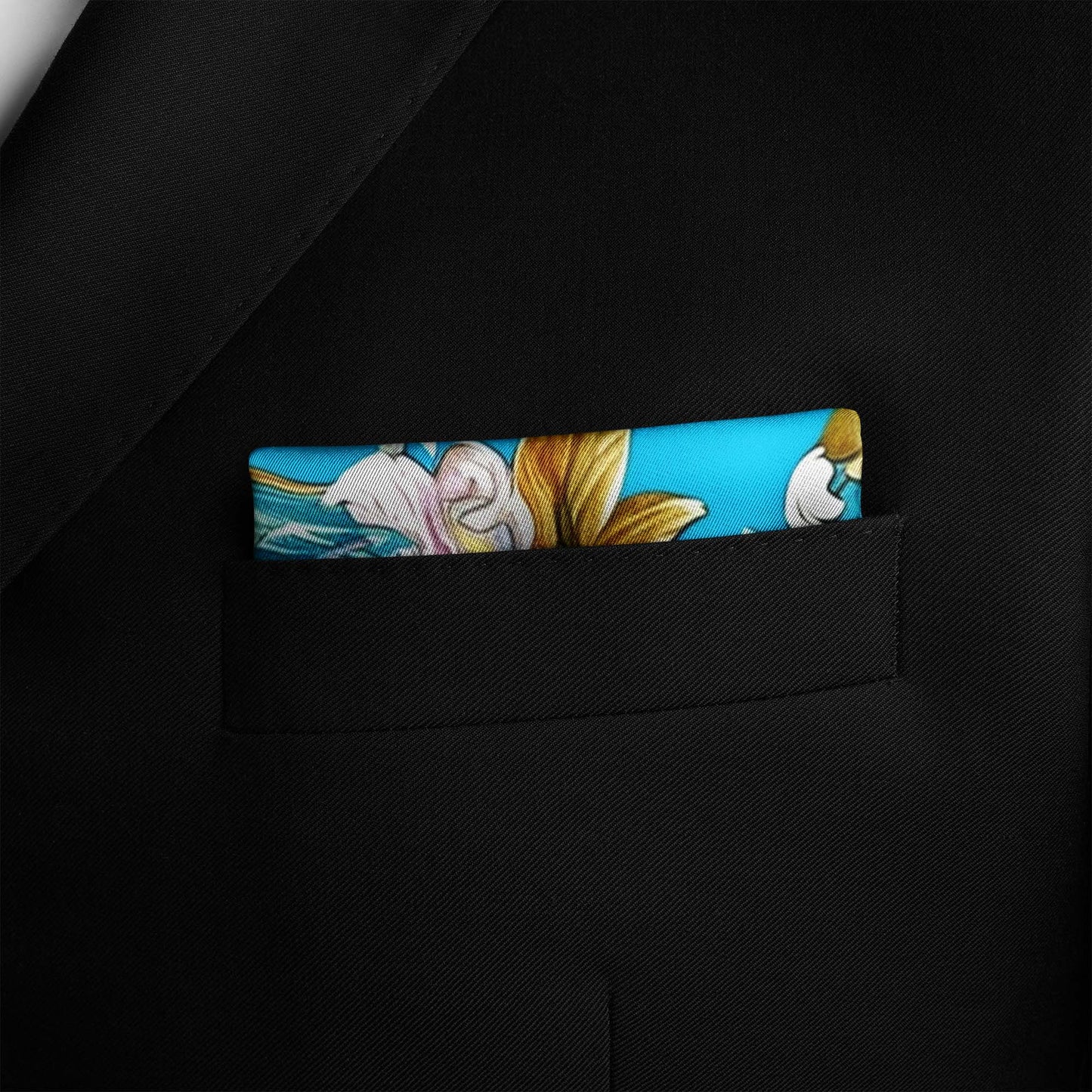 Genuine Silk Bright Blue and Golden Floral Pocket Square