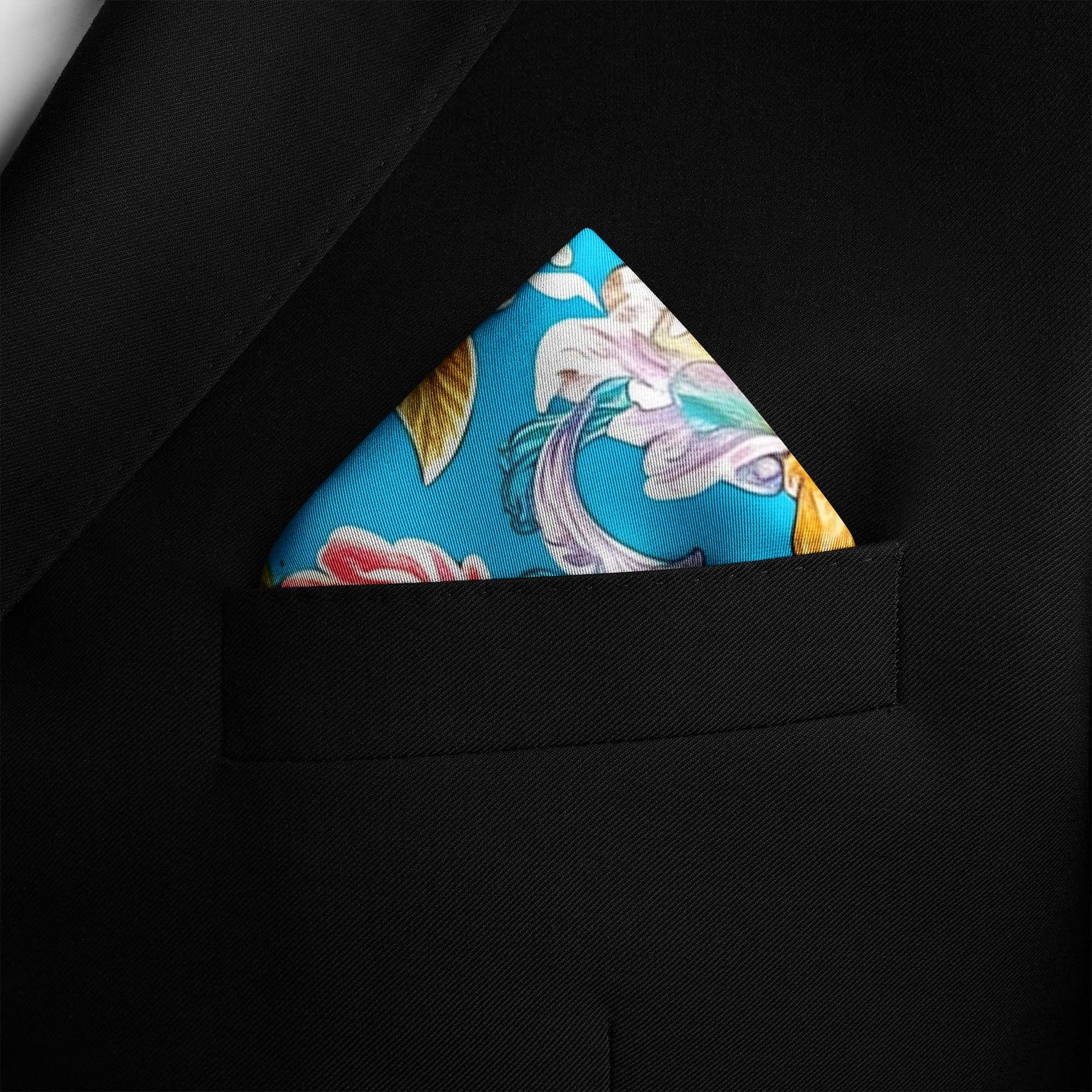 Genuine Silk Bright Blue and Golden Floral Pocket Square