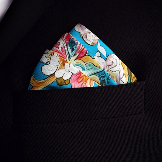 Genuine Silk Bright Blue and Golden Floral Pocket Square