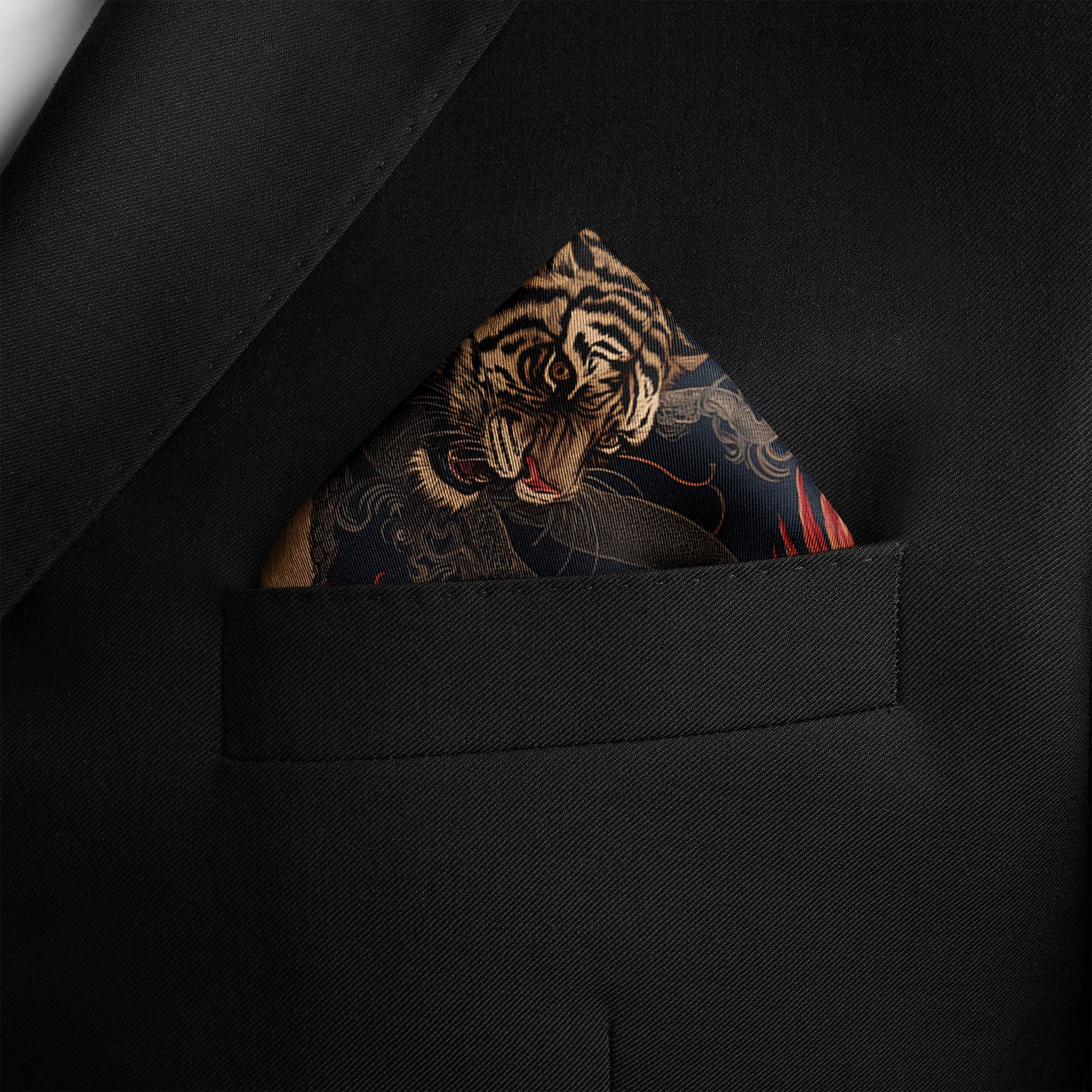 Genuine Silk Crimson Tiger Phoenix Pocket Square