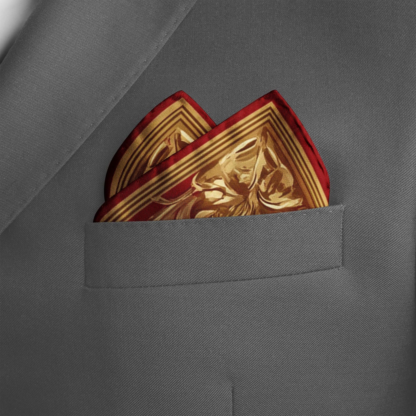 Genuine Silk Crimson and Gold Heraldic Lion Pocket Square