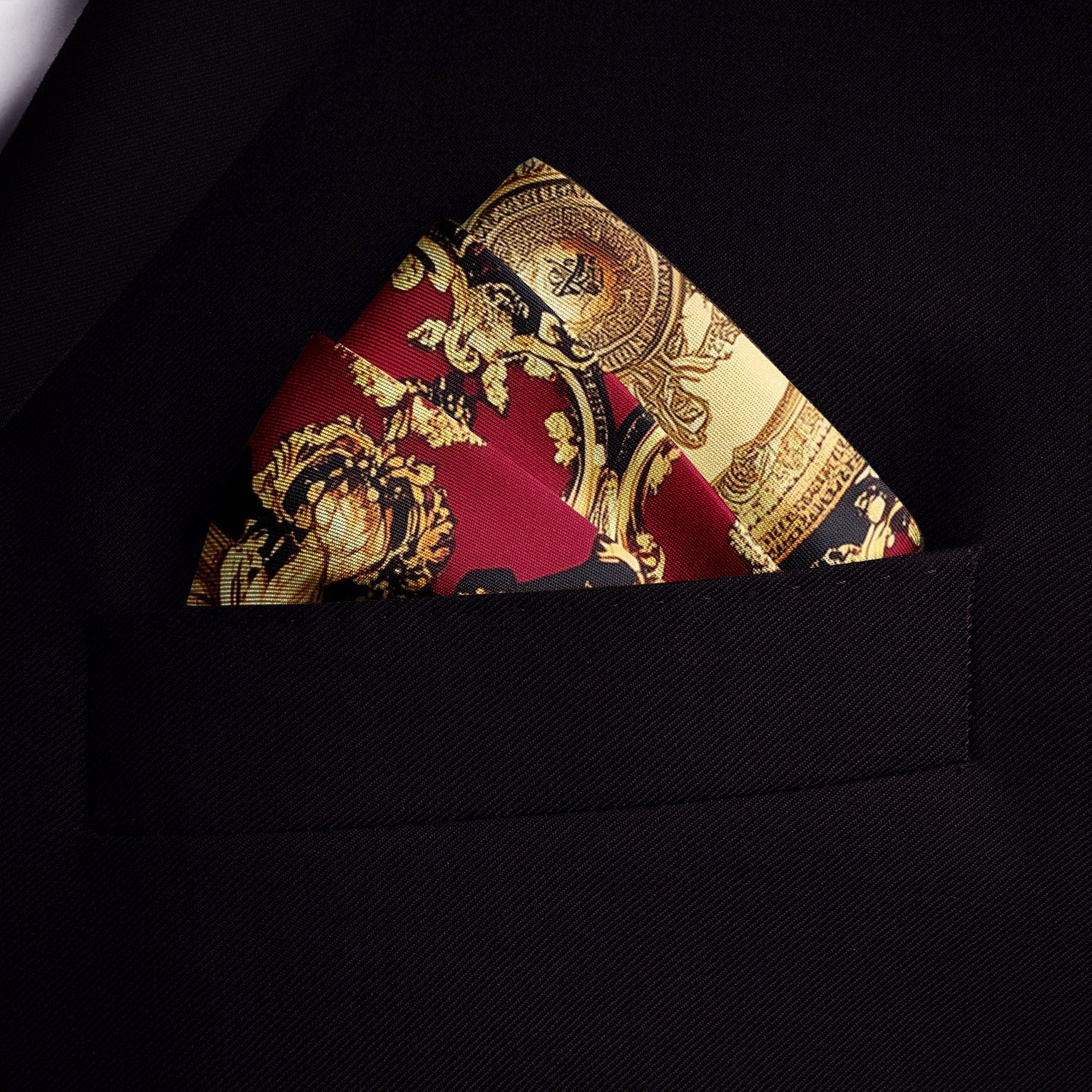 Genuine Silk Crimson and Gold Versailles Medallion Pocket Square
