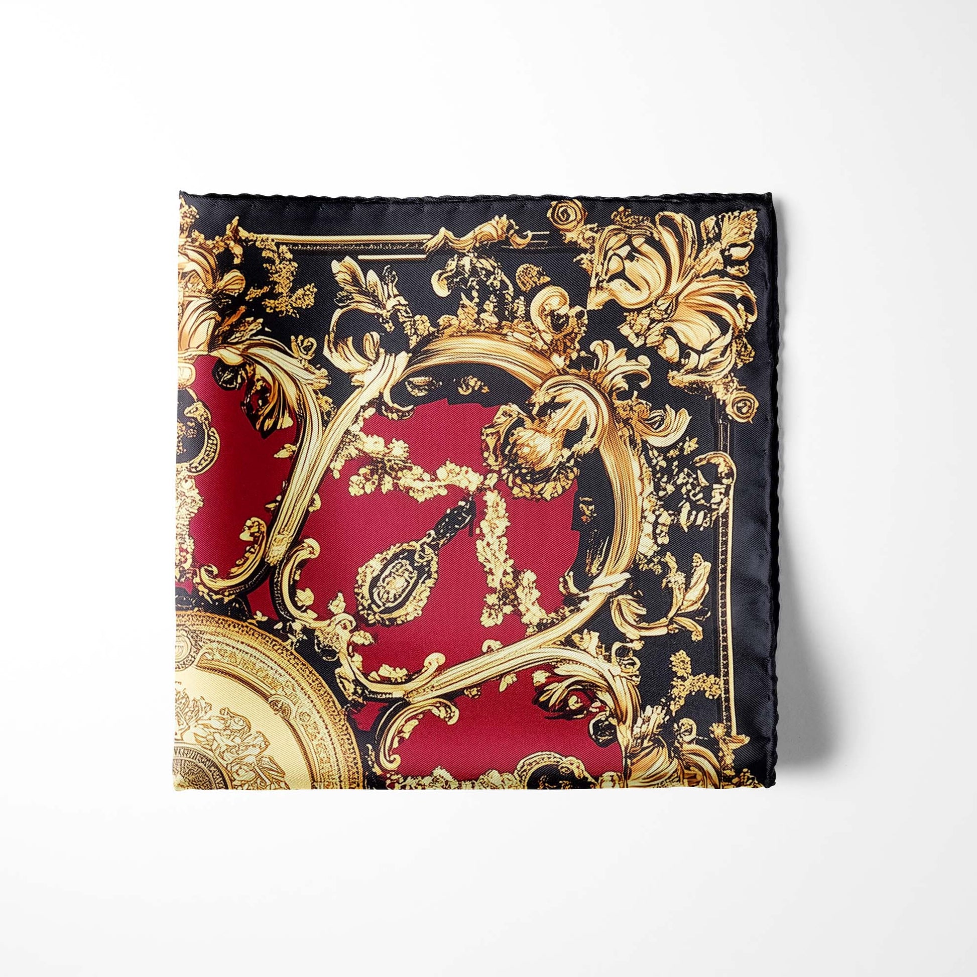 Genuine Silk Crimson and Gold Versailles Medallion Pocket Square