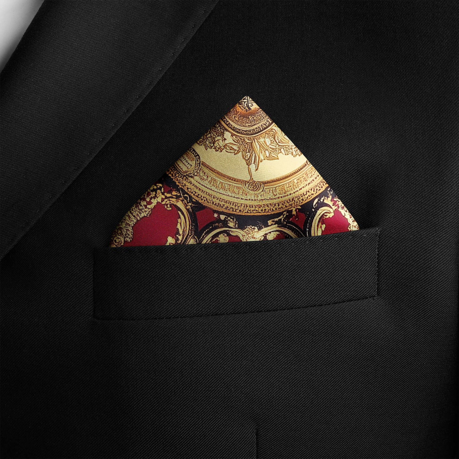 Genuine Silk Crimson and Gold Versailles Medallion Pocket Square