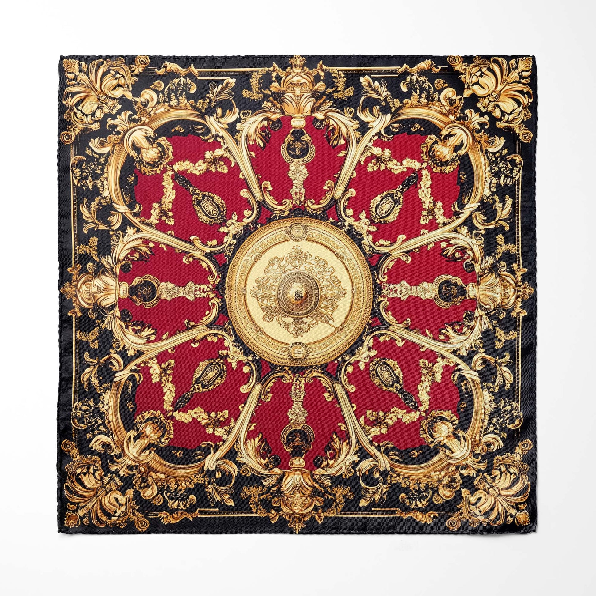 Genuine Silk Crimson and Gold Versailles Medallion Pocket Square