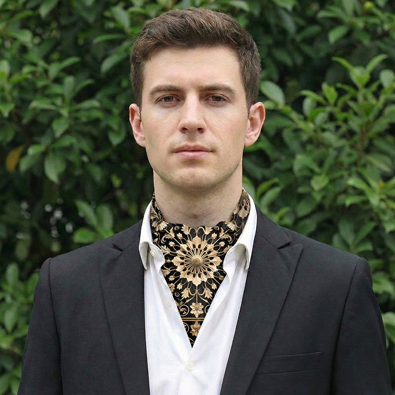 Genuine Silk Ember Black with 3D Ivory Medallion Ascot Cravat