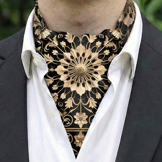 Genuine Silk Ember Black with 3D Ivory Medallion Ascot Cravat