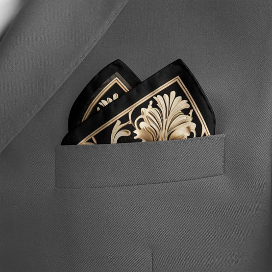 Genuine Silk Ember Black with 3D Ivory Medallion Pocket Square