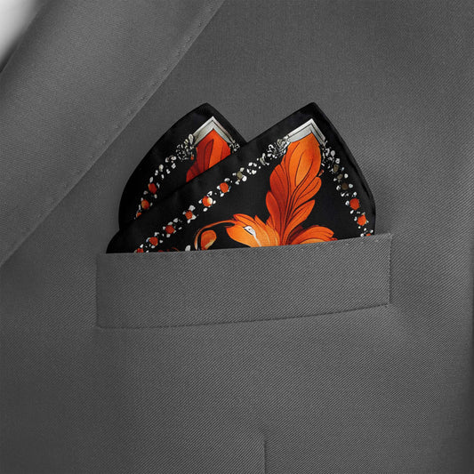 Genuine Silk Ember Bloom and Obsidian Scroll Pocket Square