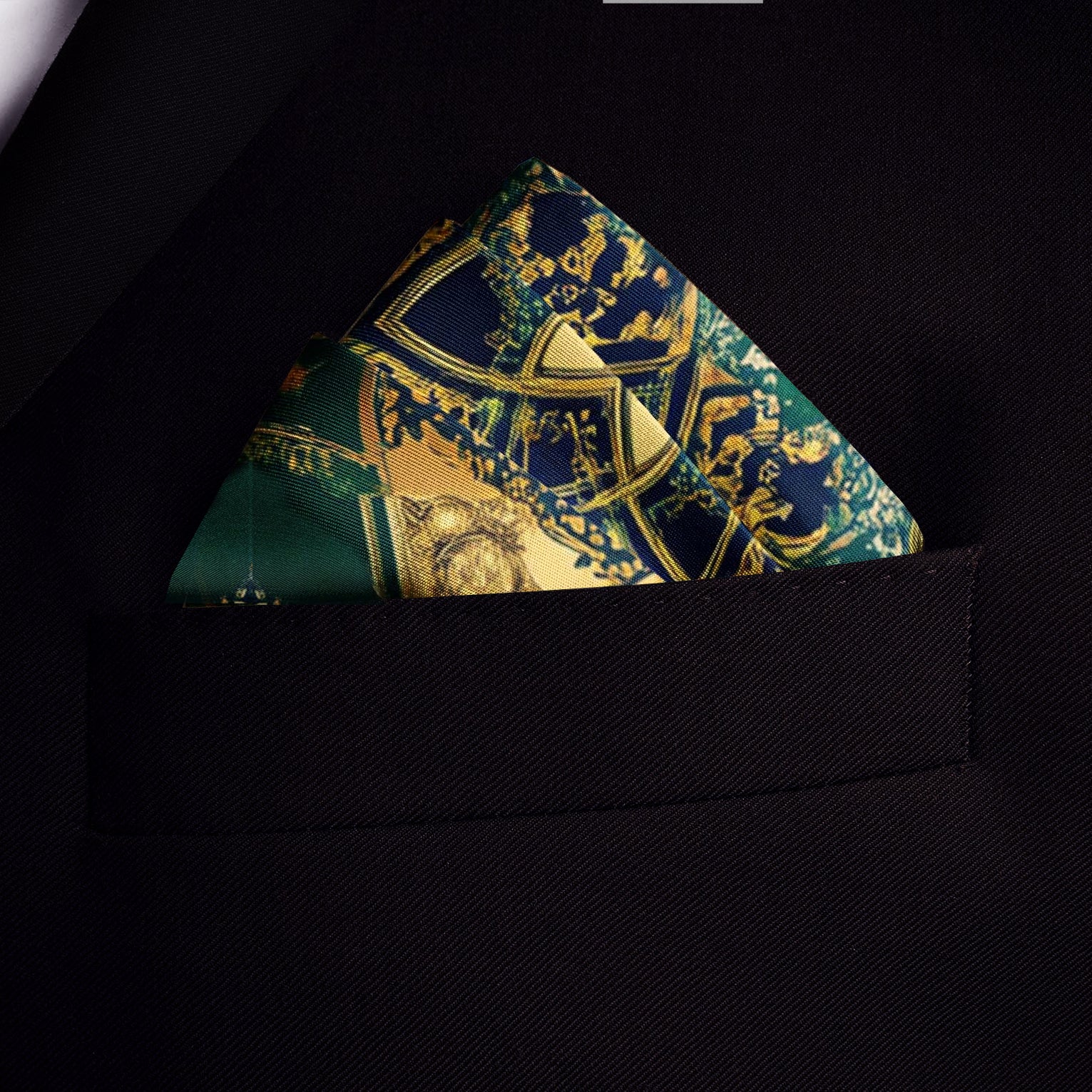 Genuine Silk Emerald Baroque Medallion Regal Pocket Square