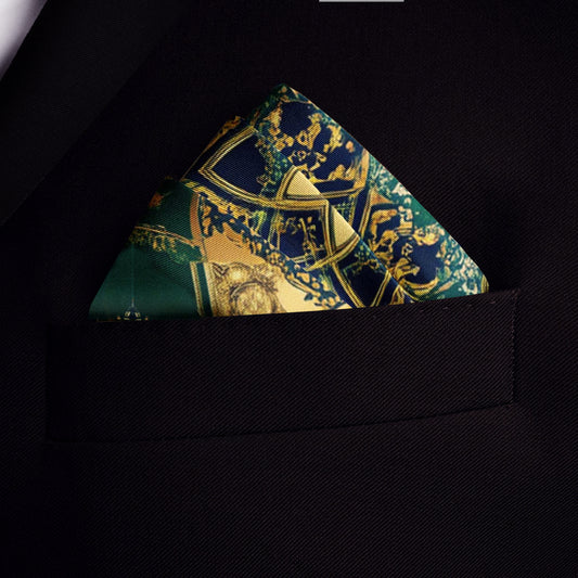 Genuine Silk Emerald Baroque Medallion Regal Pocket Square