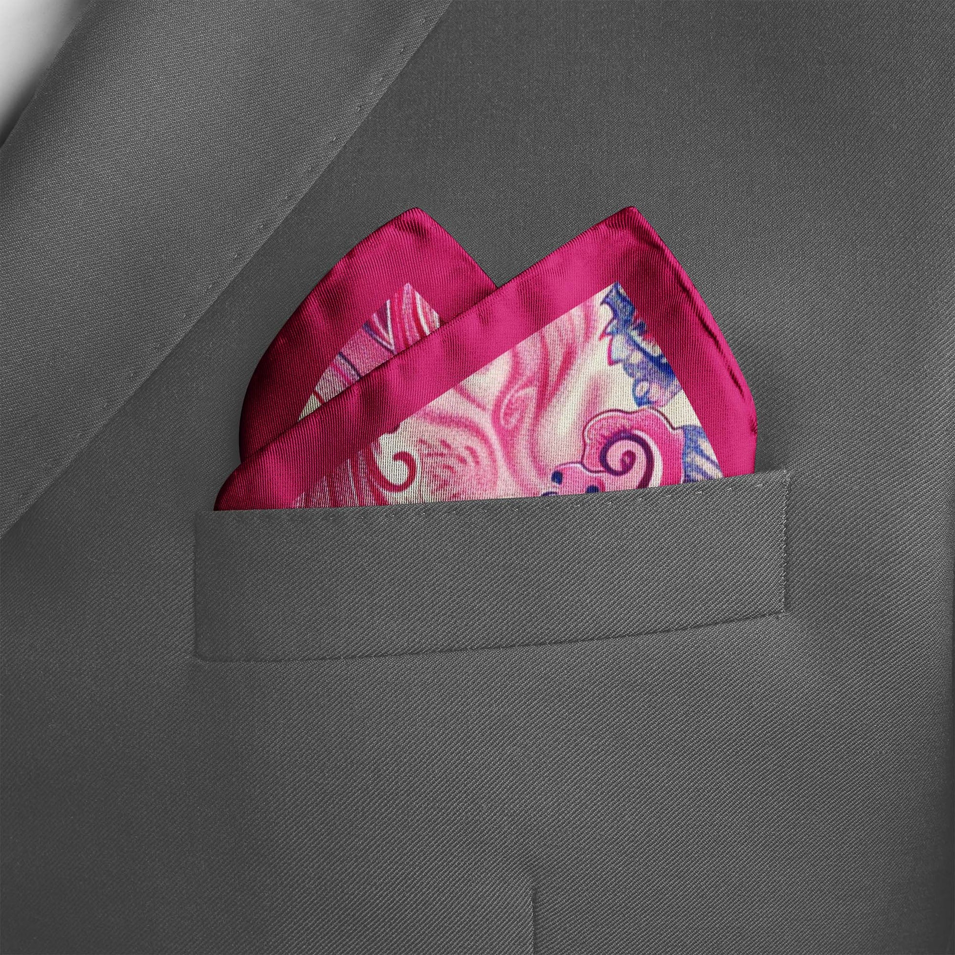 Genuine Silk Fuchsia Paisley and Electric Bloom Pocket Square