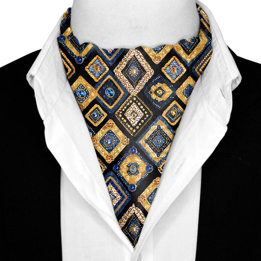 Genuine Silk Geometric Midnight Bazaar Blue & Gold Ascot Cravat