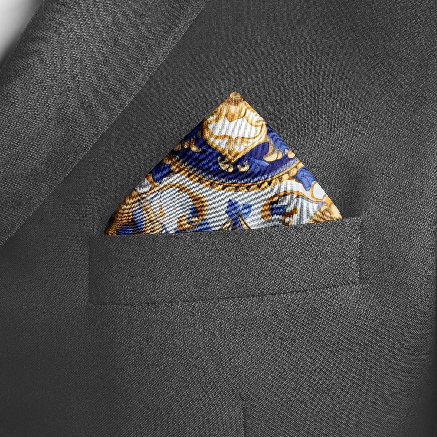 Genuine Silk Gold Baroque and Sapphire Bloom Pocket Square
