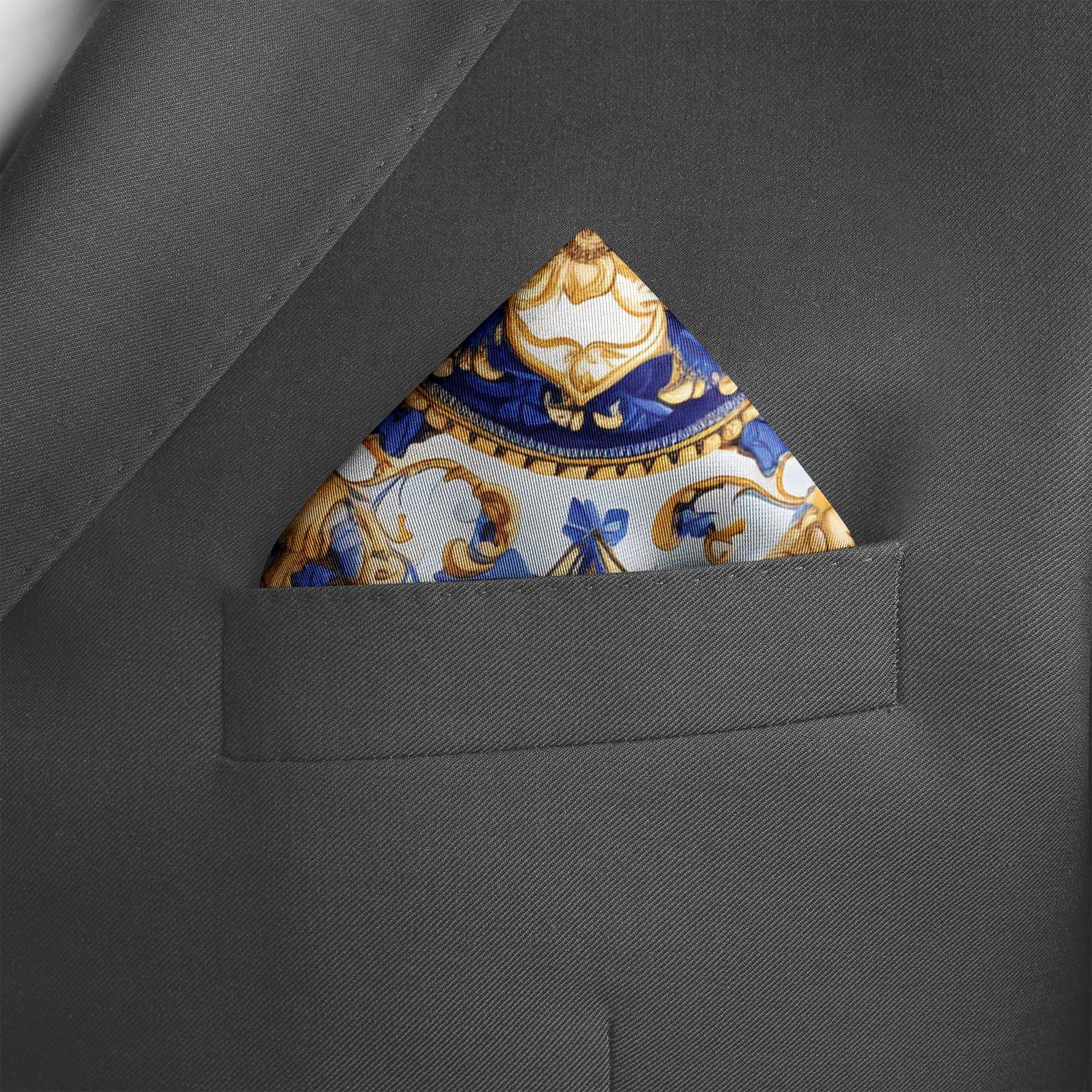 Genuine Silk Gold Baroque and Sapphire Bloom Pocket Square