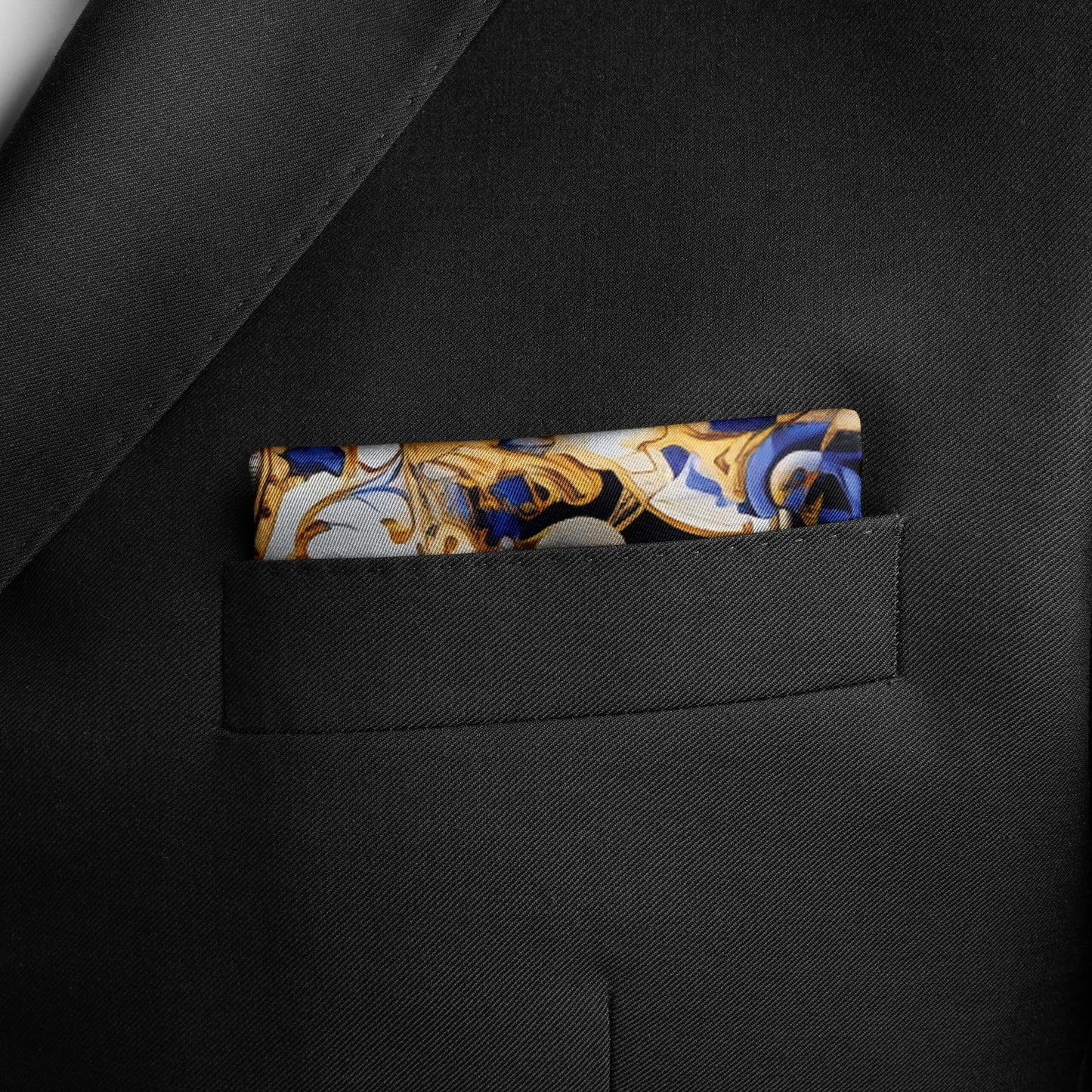 Genuine Silk Gold Baroque and Sapphire Bloom Pocket Square