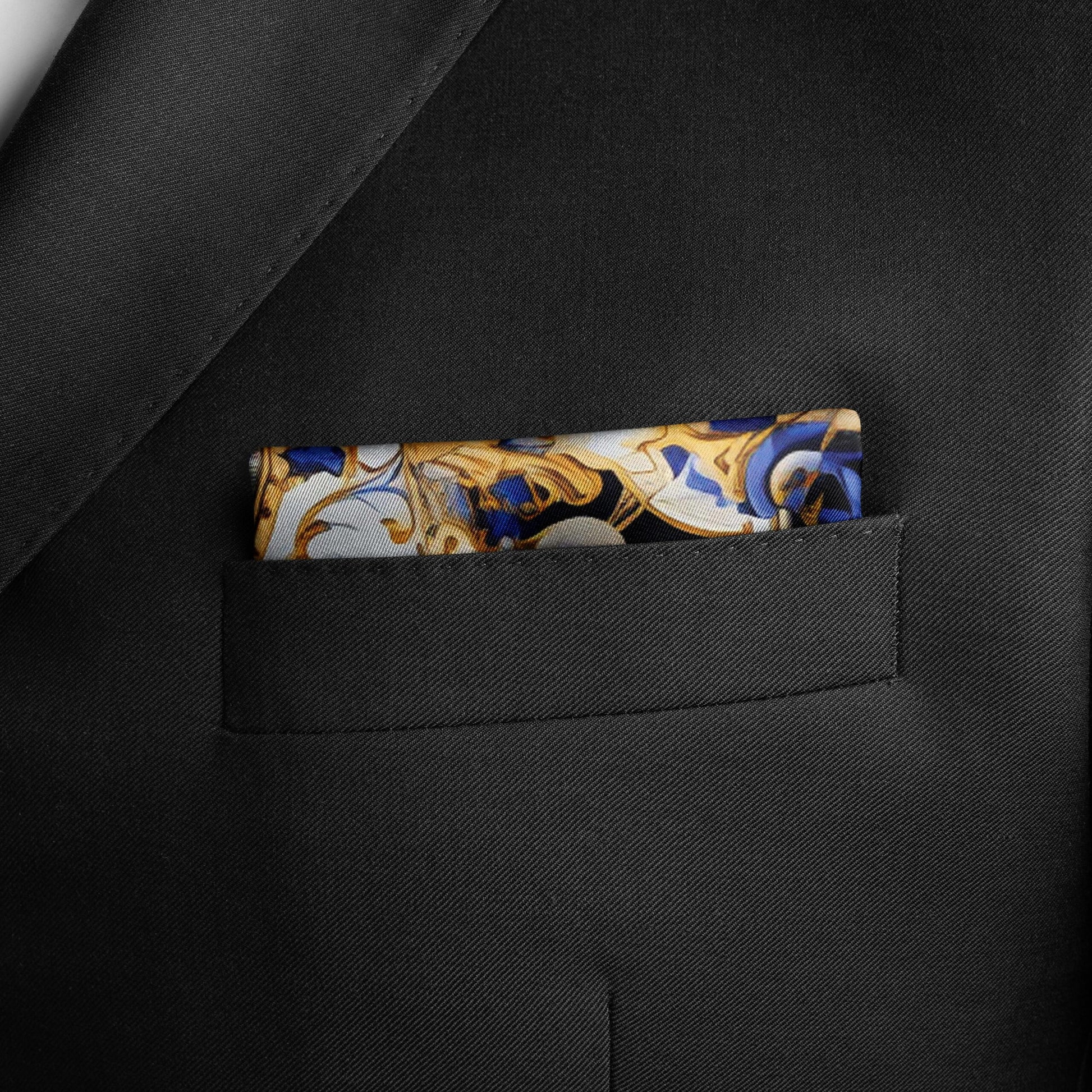 Genuine Silk Gold Baroque and Sapphire Bloom Pocket Square