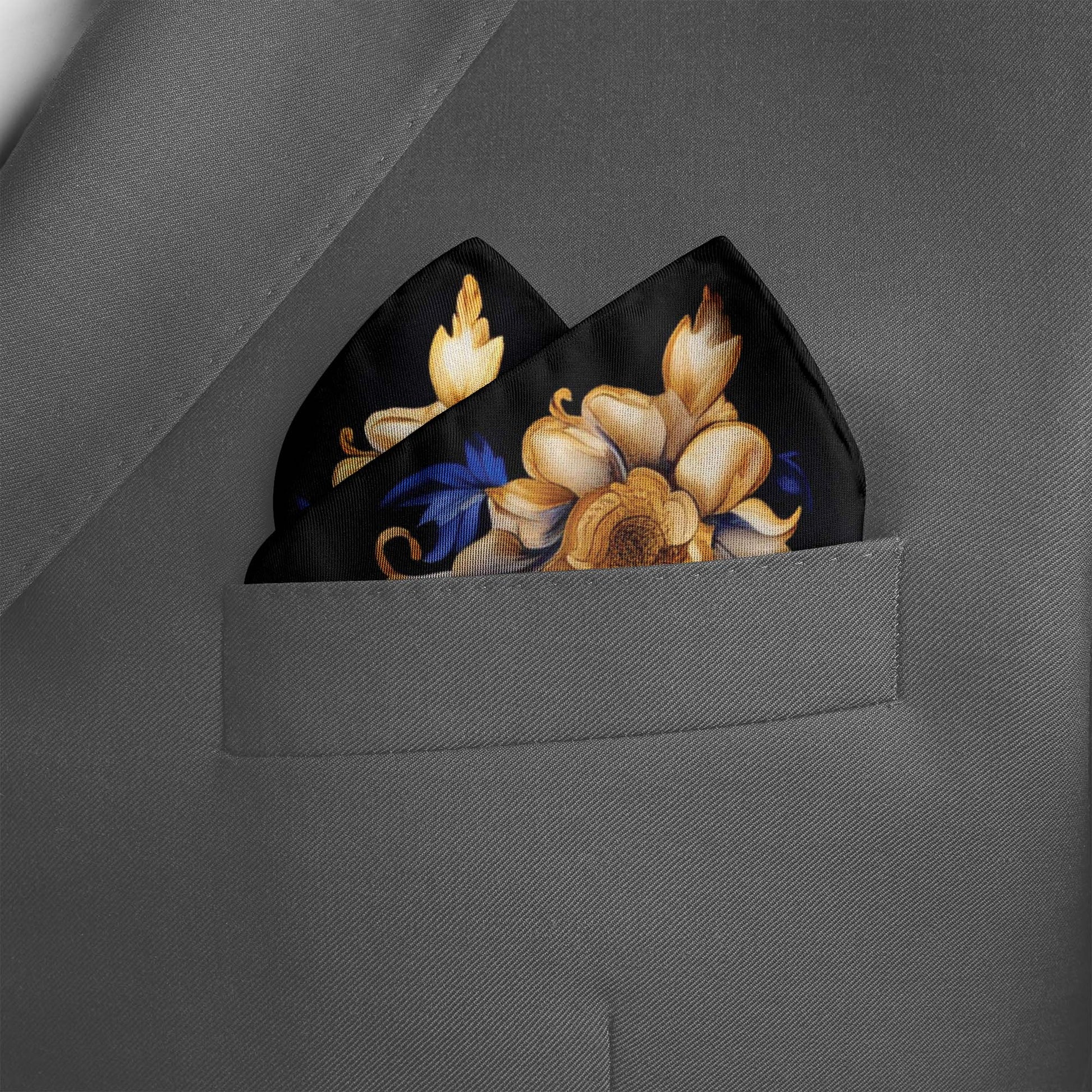 Genuine Silk Gold Baroque and Sapphire Bloom Pocket Square