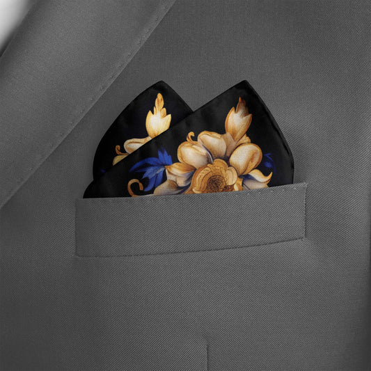Genuine Silk Gold Baroque and Sapphire Bloom Pocket Square