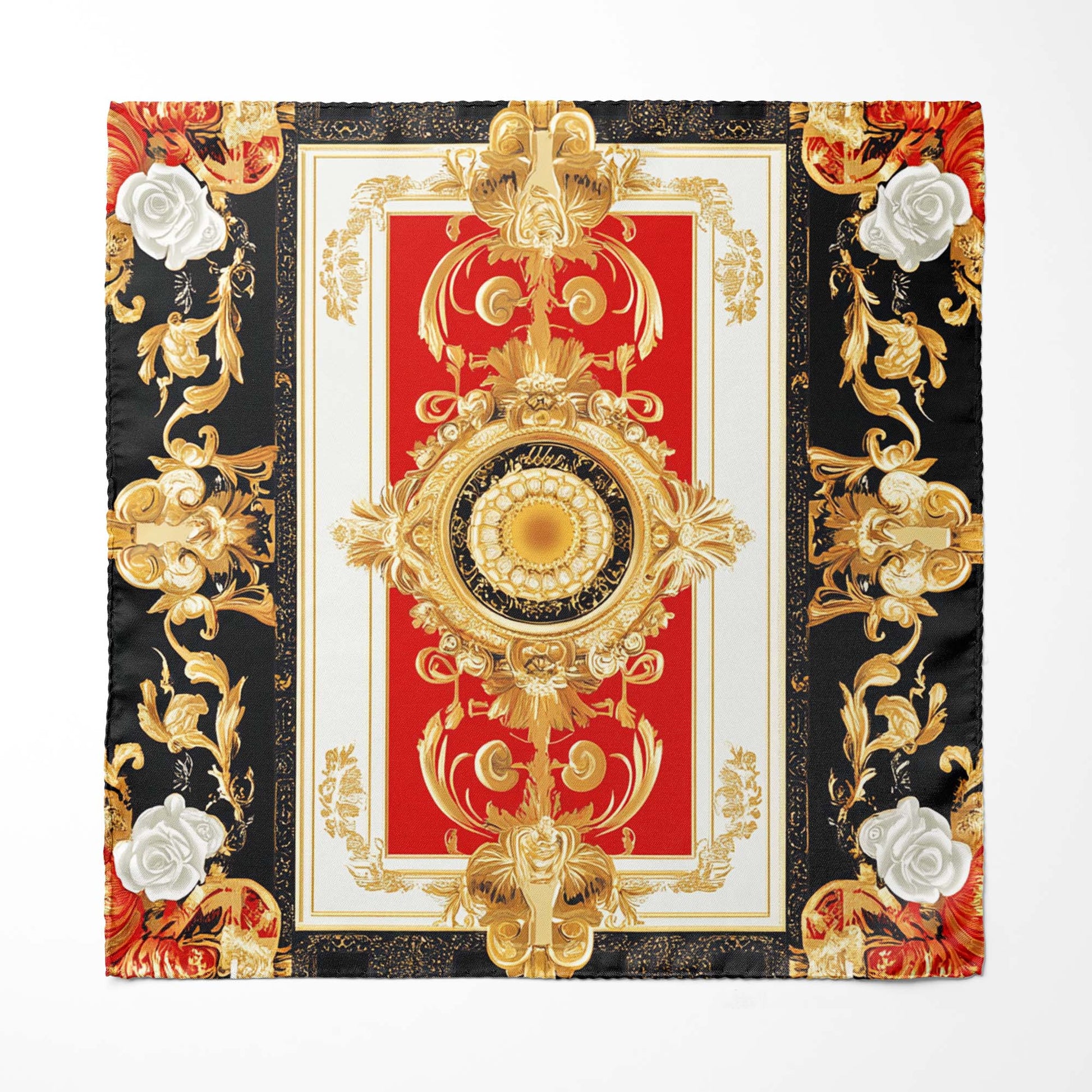 Genuine Silk Gold Baroque with White Roses Pocket Square