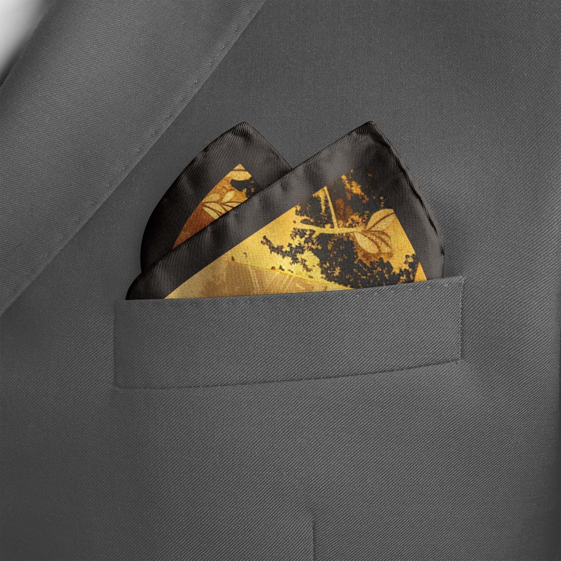 Genuine Silk Gold Floral Cranes Pocket Square