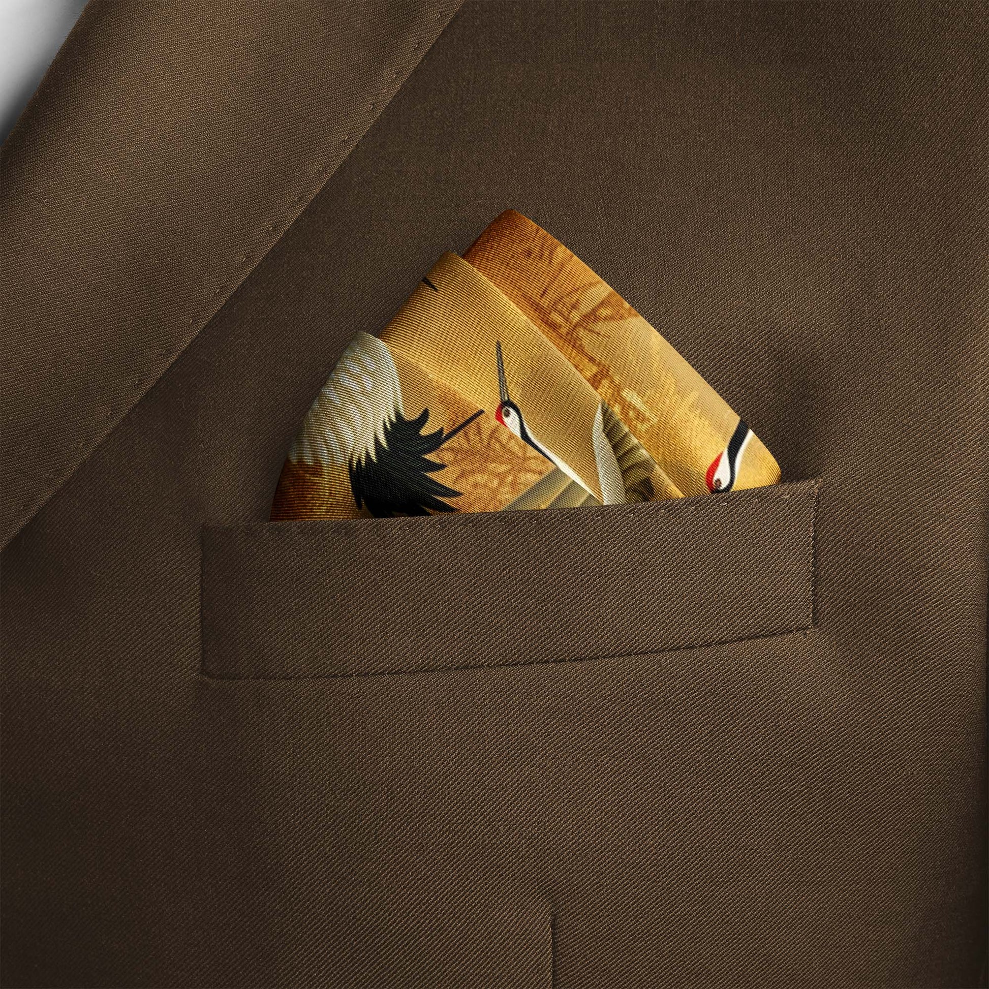 Genuine Silk Gold Floral Cranes Pocket Square