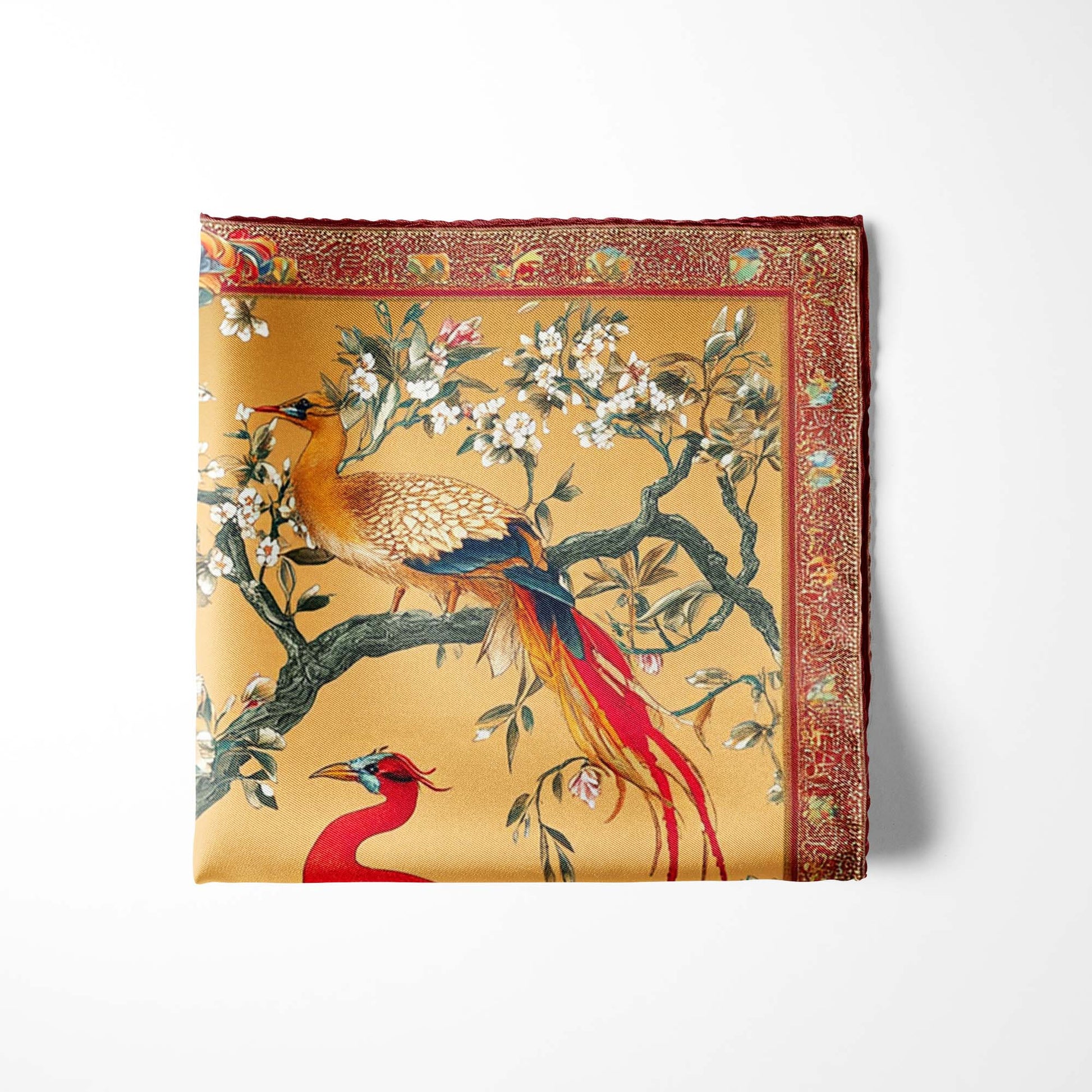 Genuine Silk Golden Canopy and Imperial Birds Pocket Square