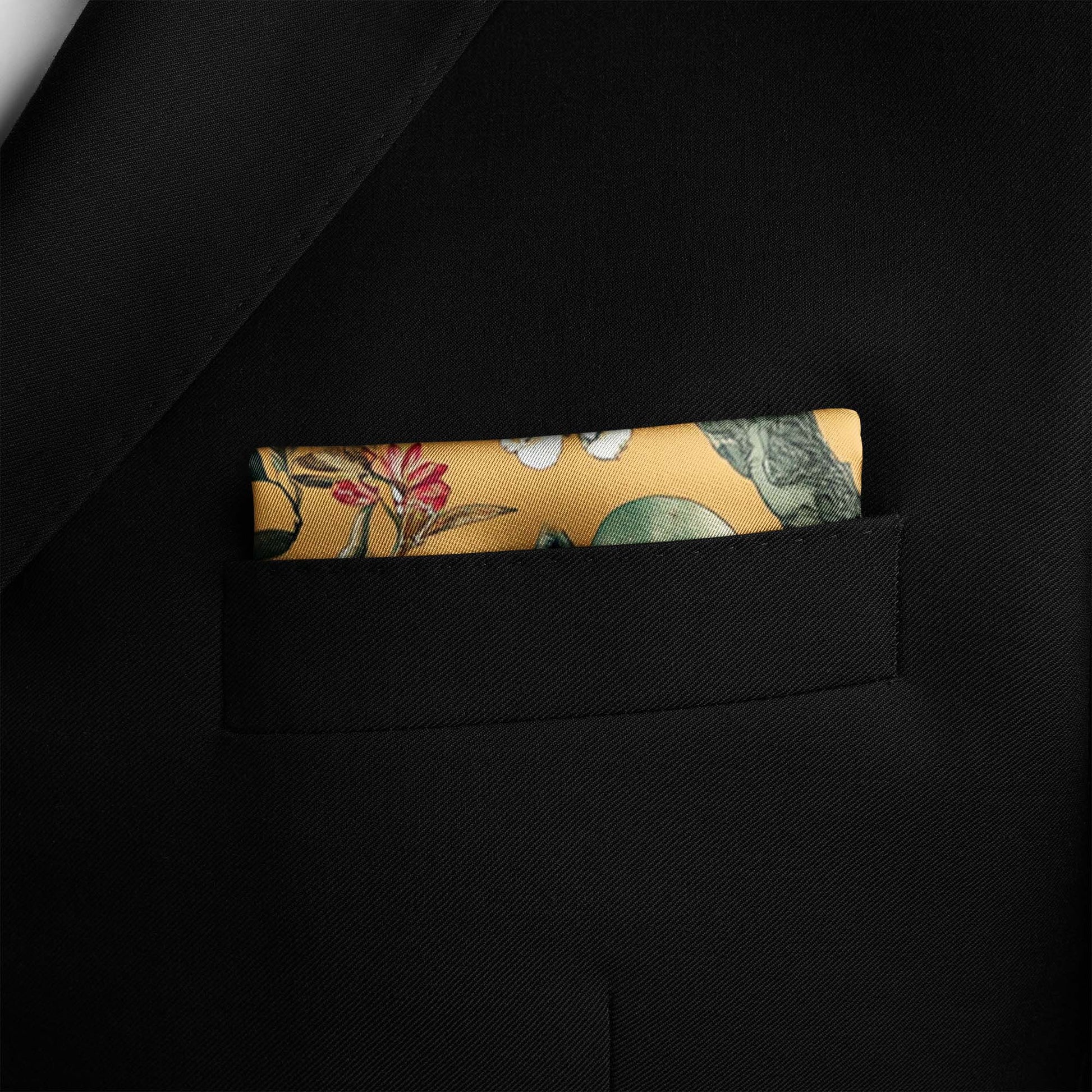 Genuine Silk Golden Canopy and Imperial Birds Pocket Square