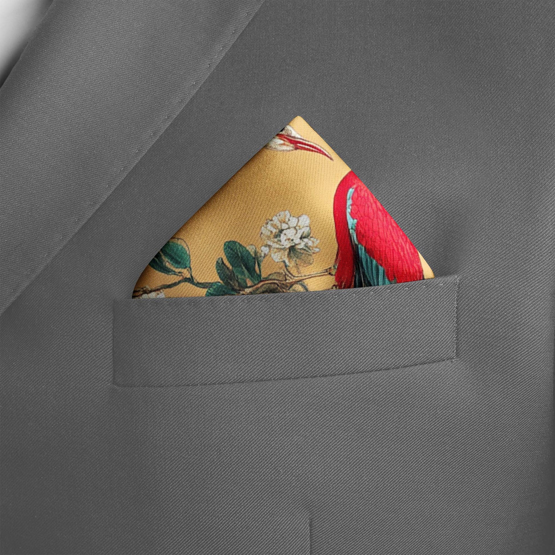 Genuine Silk Golden Canopy and Imperial Birds Pocket Square