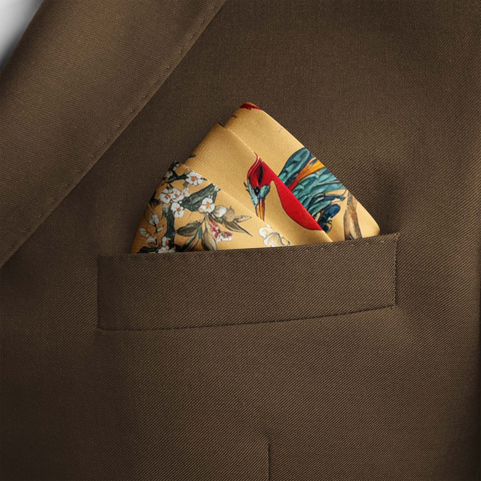 Genuine Silk Golden Canopy and Imperial Birds Pocket Square