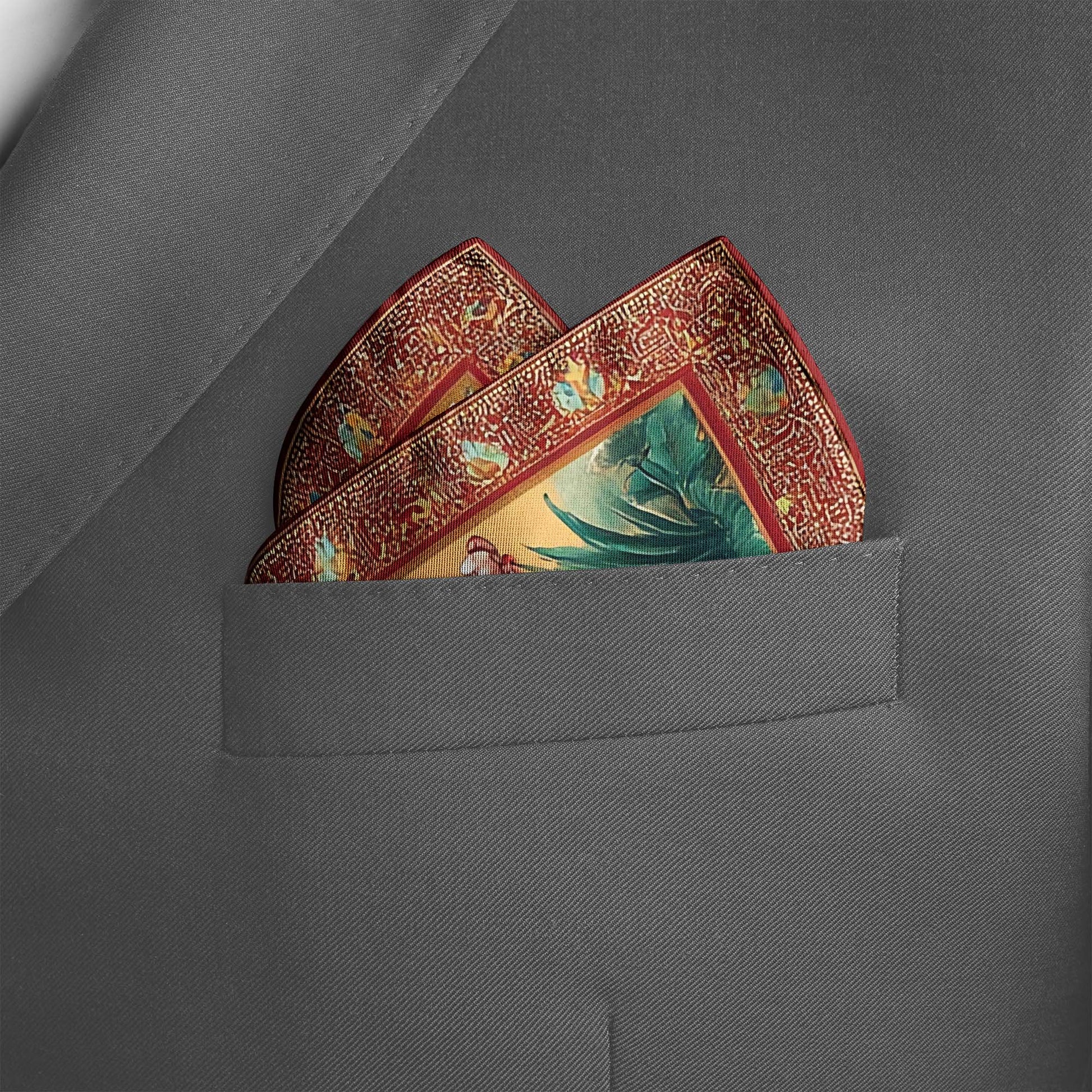 Genuine Silk Golden Canopy and Imperial Birds Pocket Square
