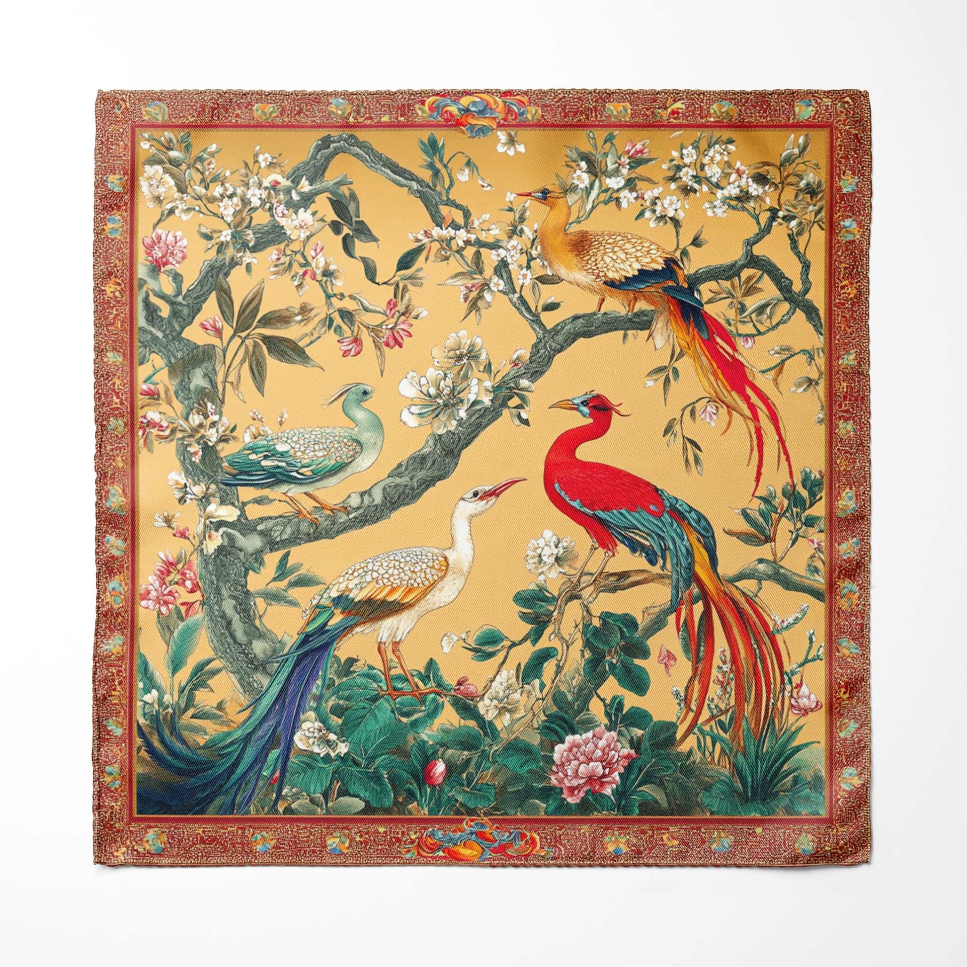 Genuine Silk Golden Canopy and Imperial Birds Pocket Square