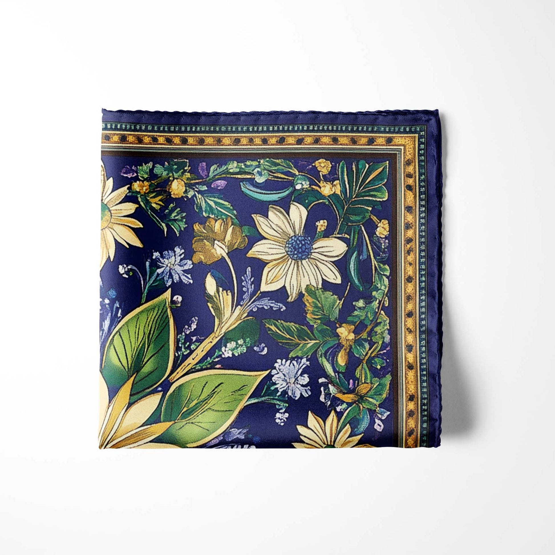 Genuine Silk Indigo Meadow and Golden Petal Pocket Square