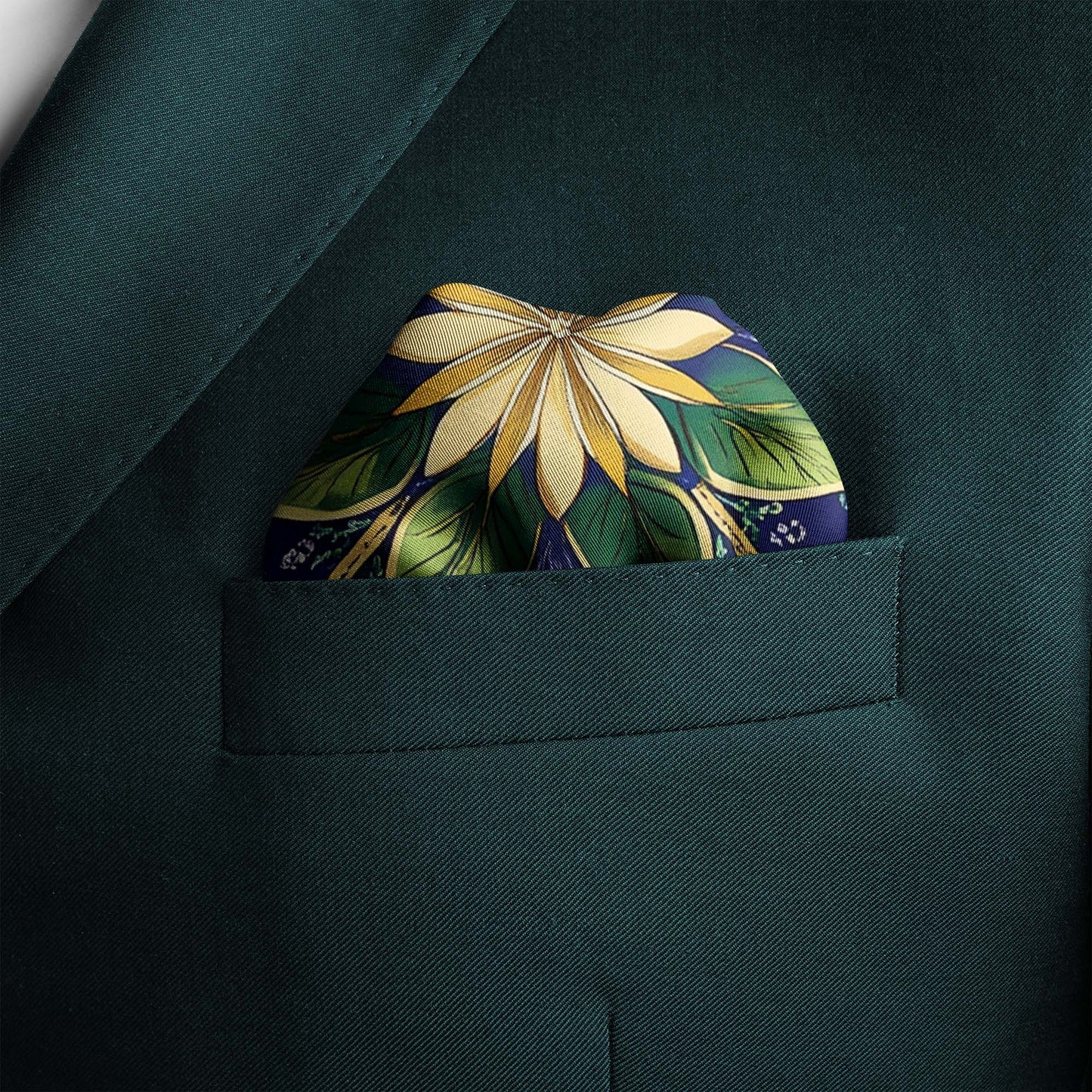 Genuine Silk Indigo Meadow and Golden Petal Pocket Square
