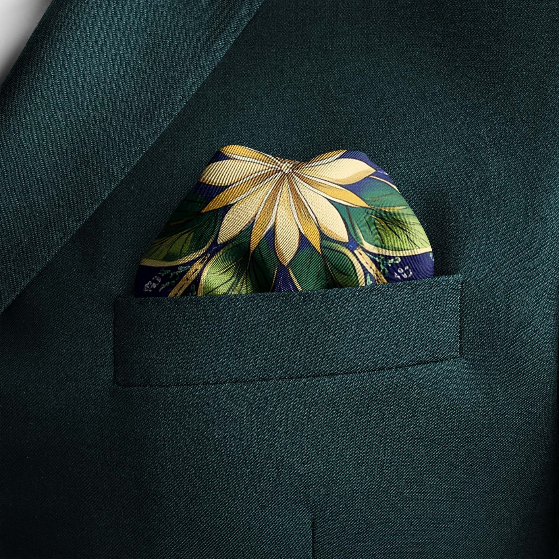 Genuine Silk Indigo Meadow and Golden Petal Pocket Square