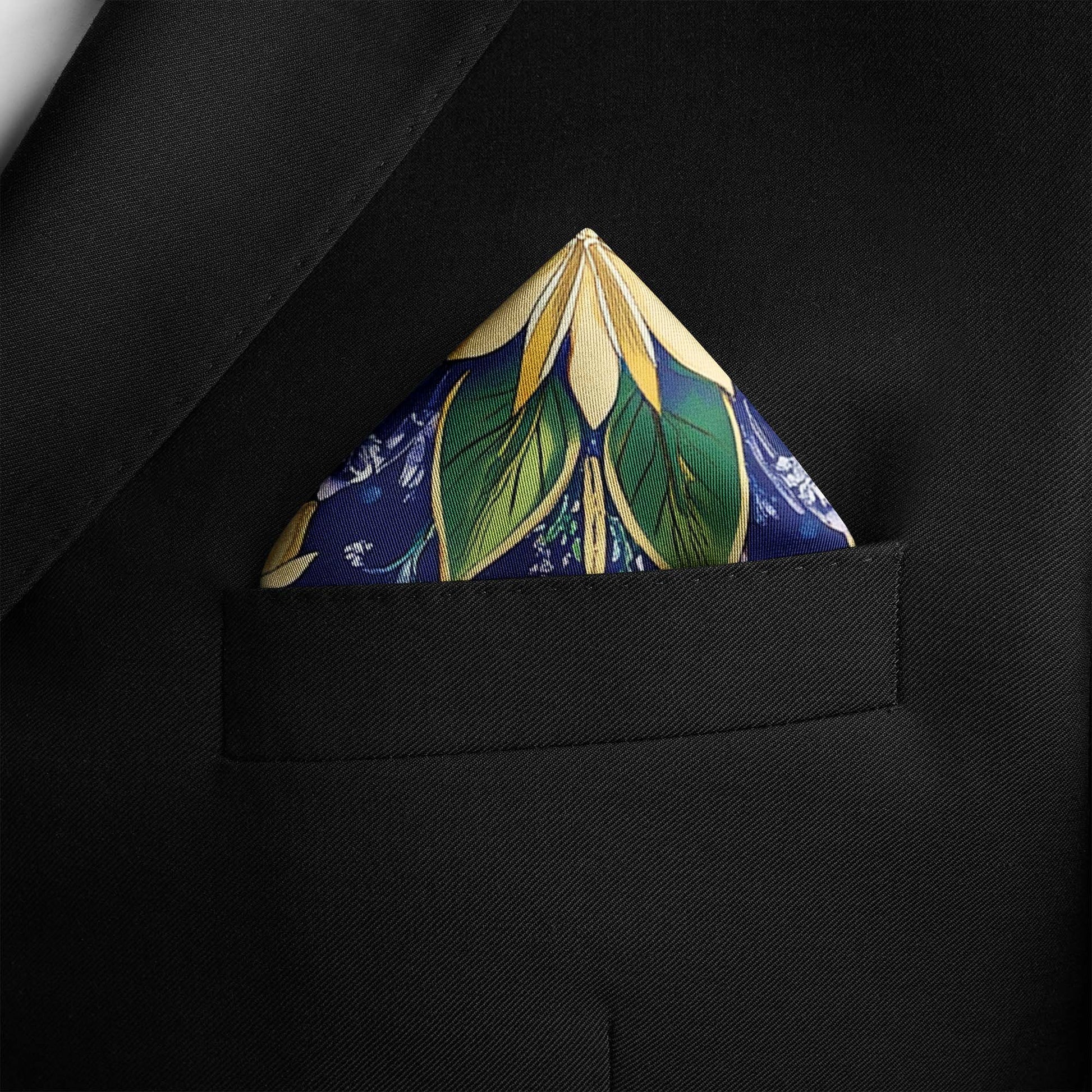 Genuine Silk Indigo Meadow and Golden Petal Pocket Square