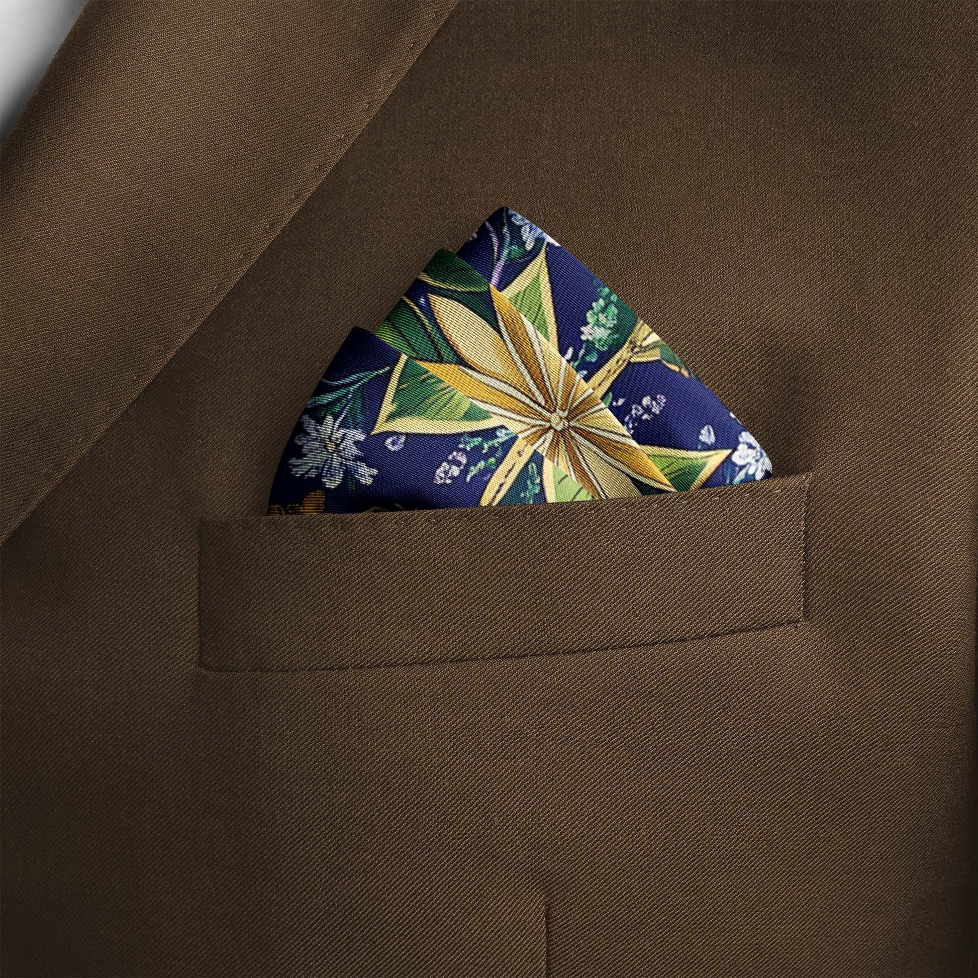 Genuine Silk Indigo Meadow and Golden Petal Pocket Square