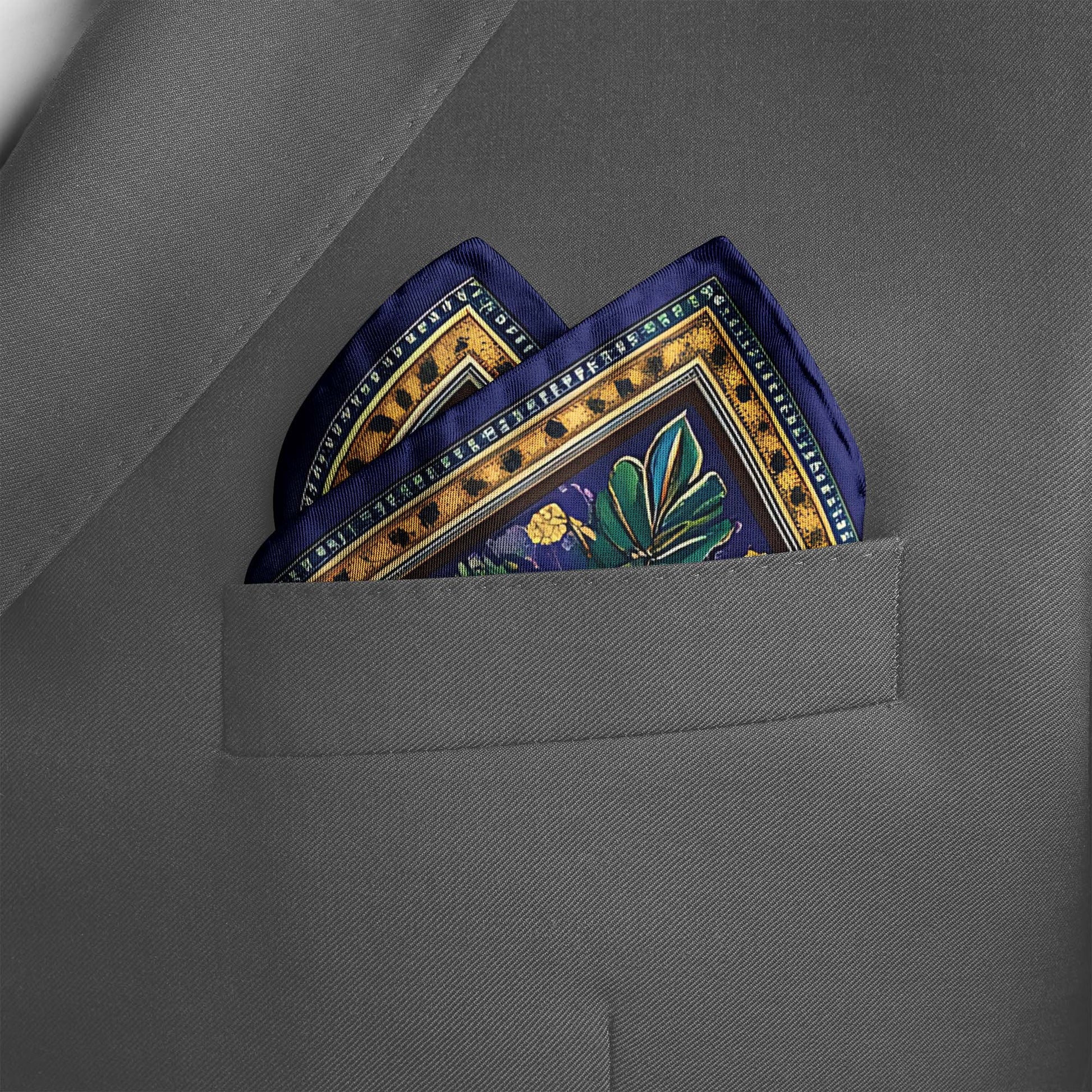 Genuine Silk Indigo Meadow and Golden Petal Pocket Square