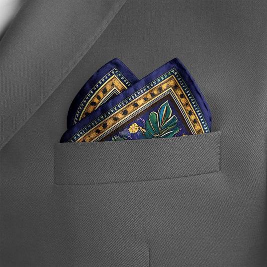 Genuine Silk Indigo Meadow and Golden Petal Pocket Square
