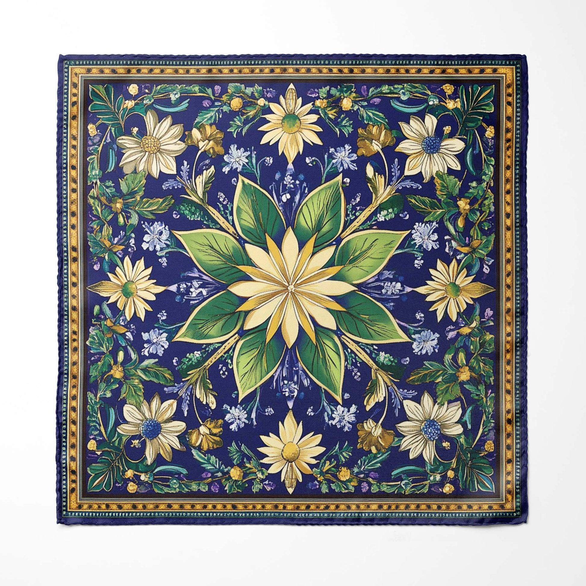 Genuine Silk Indigo Meadow and Golden Petal Pocket Square