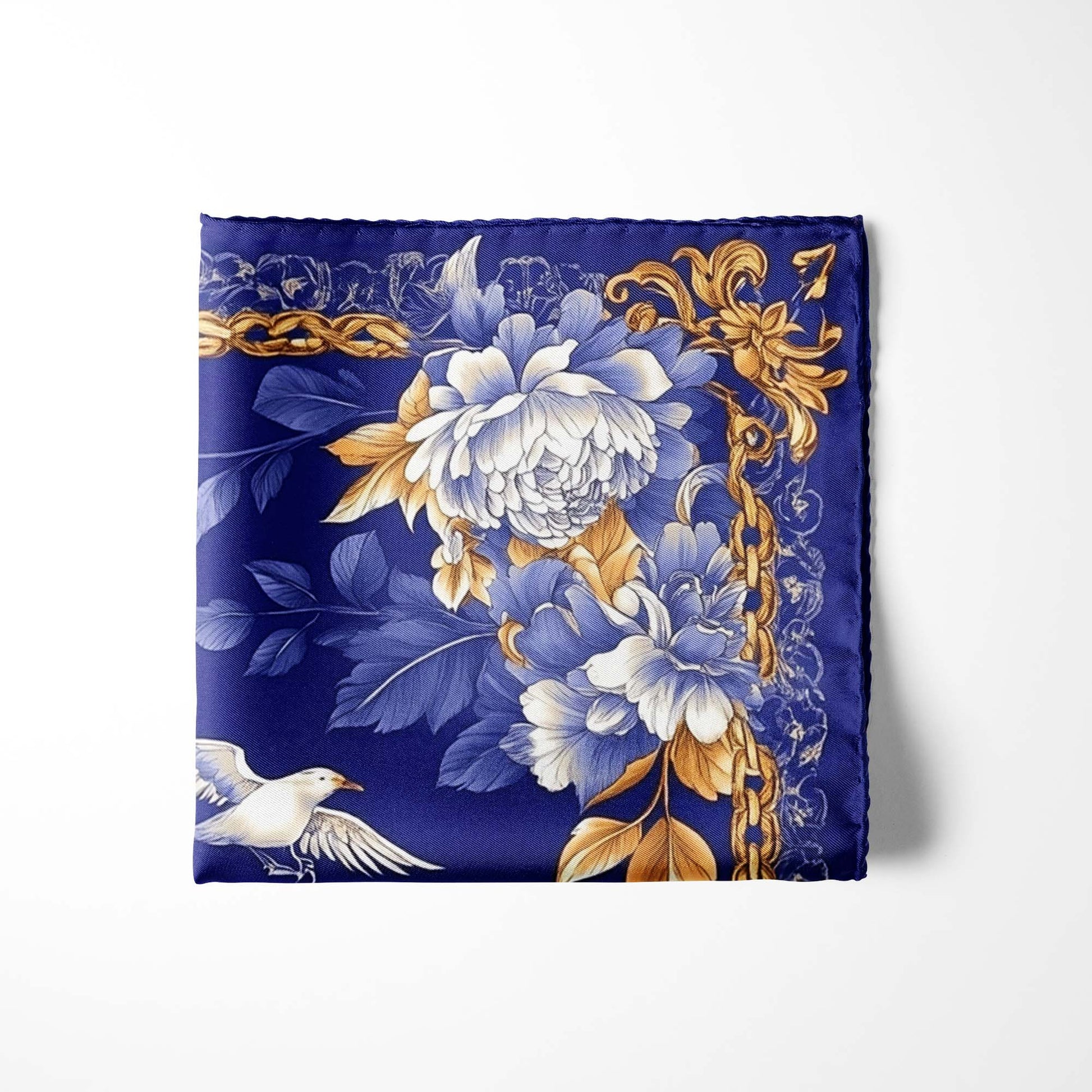 Genuine Silk Indigo and Gold Peony Floral Pocket Square
