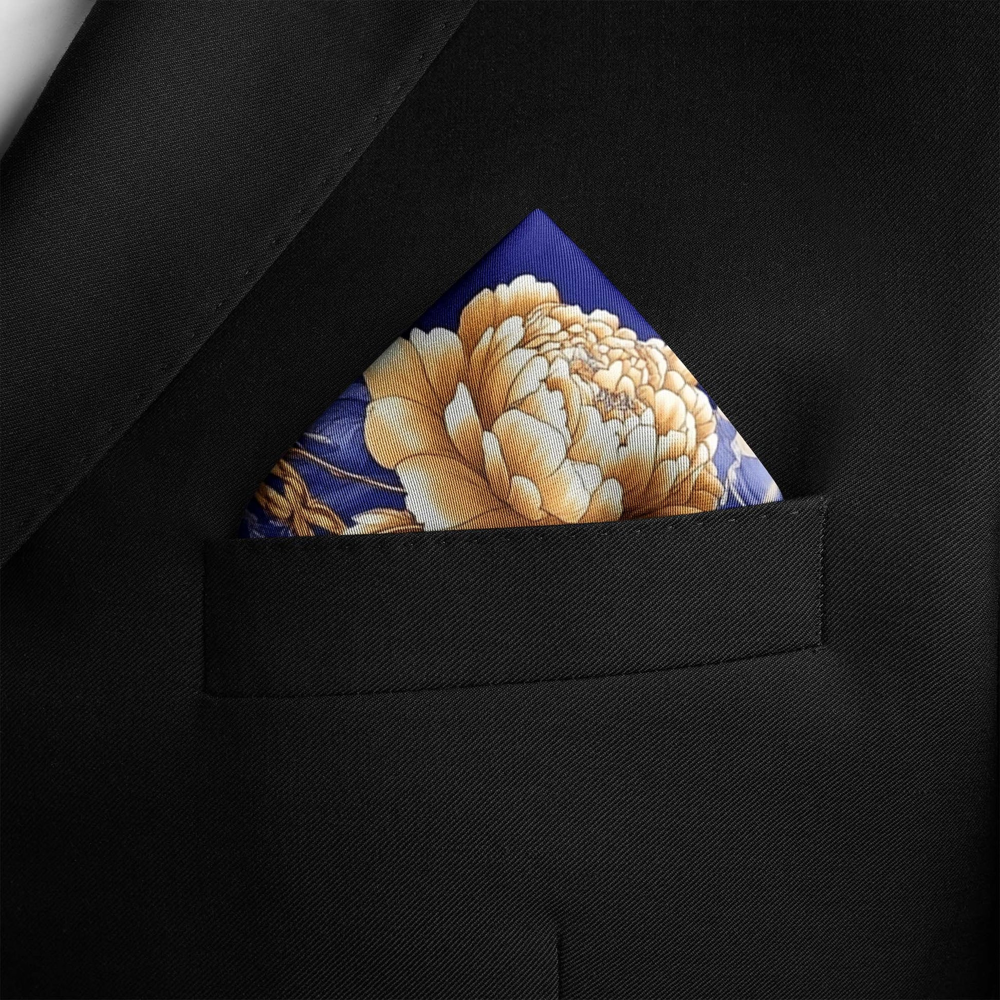 Genuine Silk Indigo and Gold Peony Floral Pocket Square