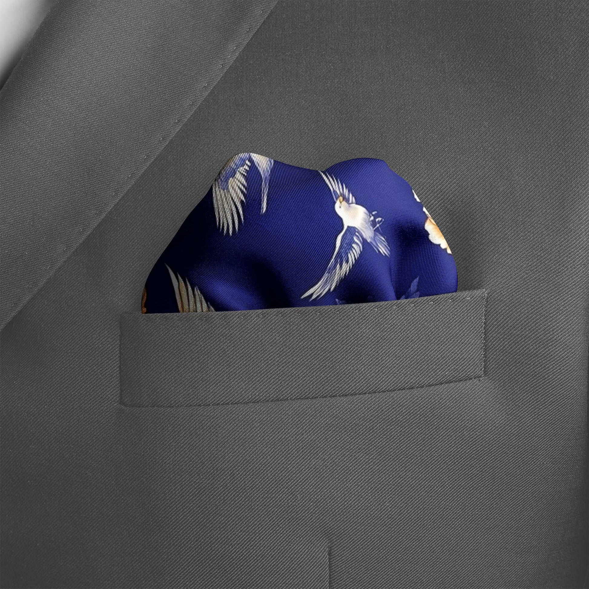 Genuine Silk Indigo and Gold Peony Floral Pocket Square