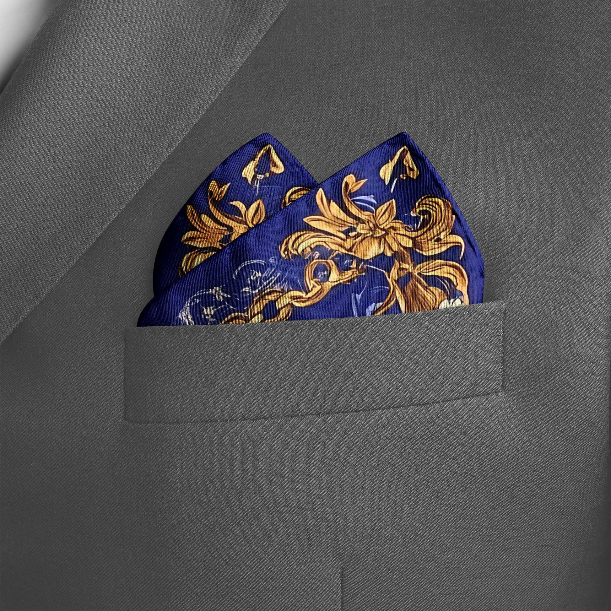 Genuine Silk Indigo and Gold Peony Floral Pocket Square
