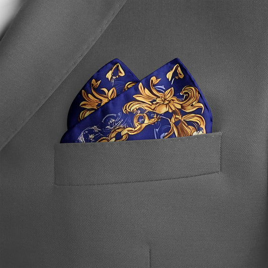 Genuine Silk Indigo and Gold Peony Floral Pocket Square