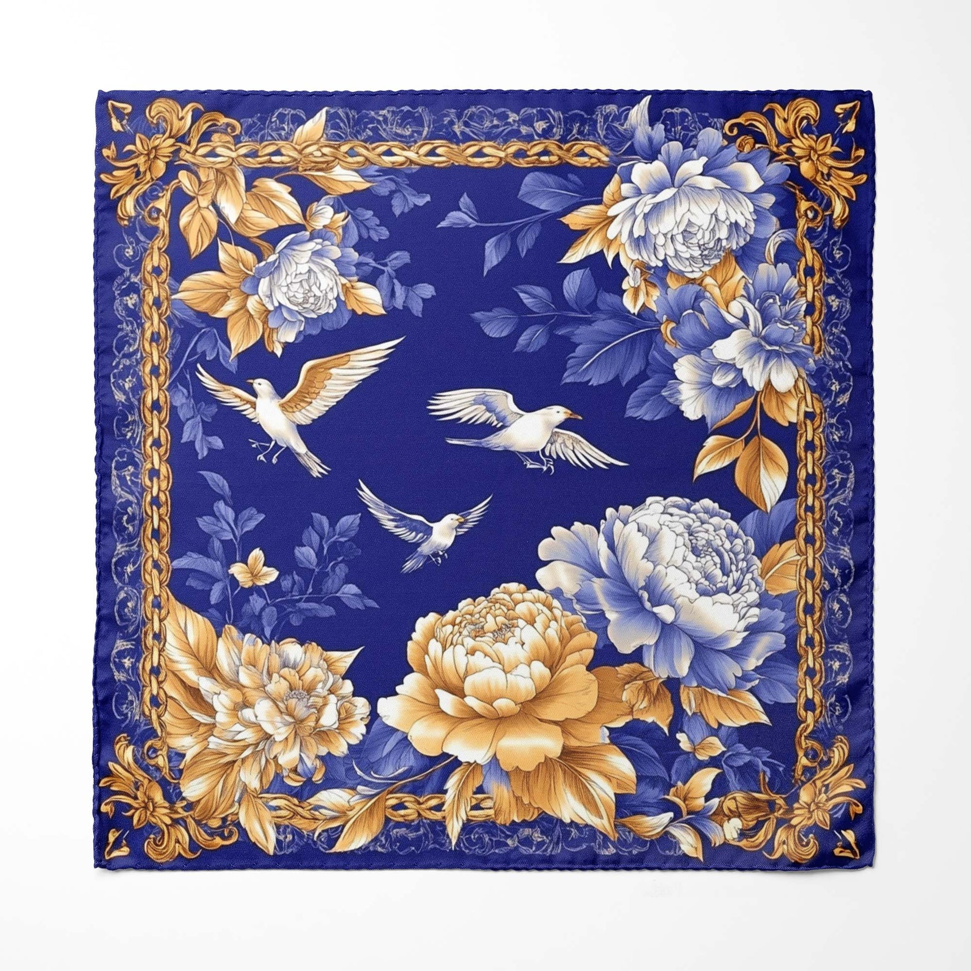 Genuine Silk Indigo and Gold Peony Floral Pocket Square
