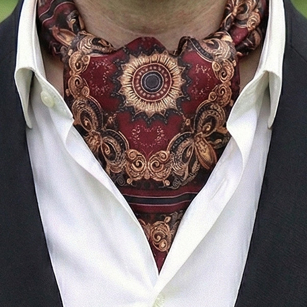 Genuine Silk Maroon with Sunburst Medallion Ascot Cravat