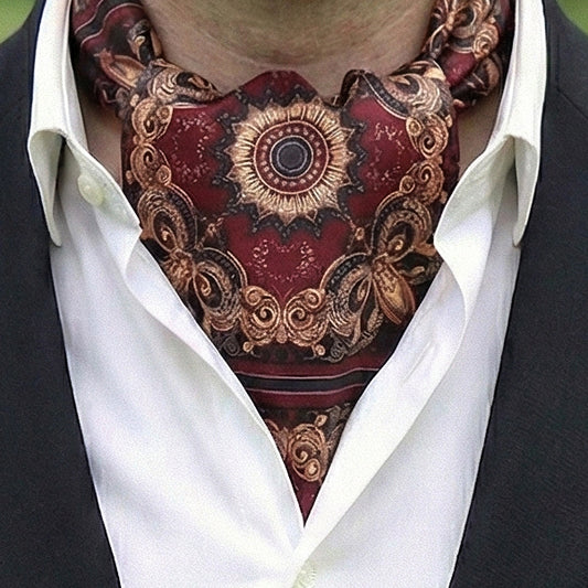 Genuine Silk Maroon with Sunburst Medallion Ascot Cravat